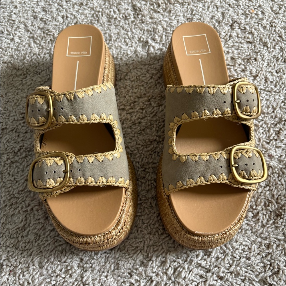 Dolce Vita Tan and Beige Platform Slide Sandals